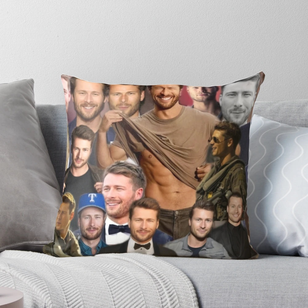 A comfortable pillow featuring a collage of actor Glen Powell, known for his roles in popular 80s films.