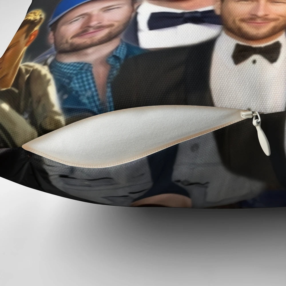 A comfortable pillow featuring a collage of actor Glen Powell, known for his roles in popular 80s films.