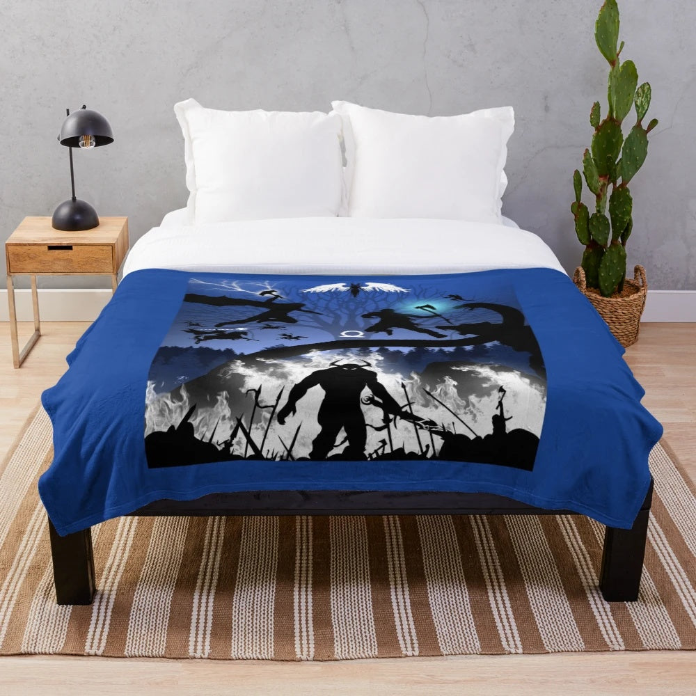 God of War Ragnarok inspired plush blanket with Kratos and Atreus