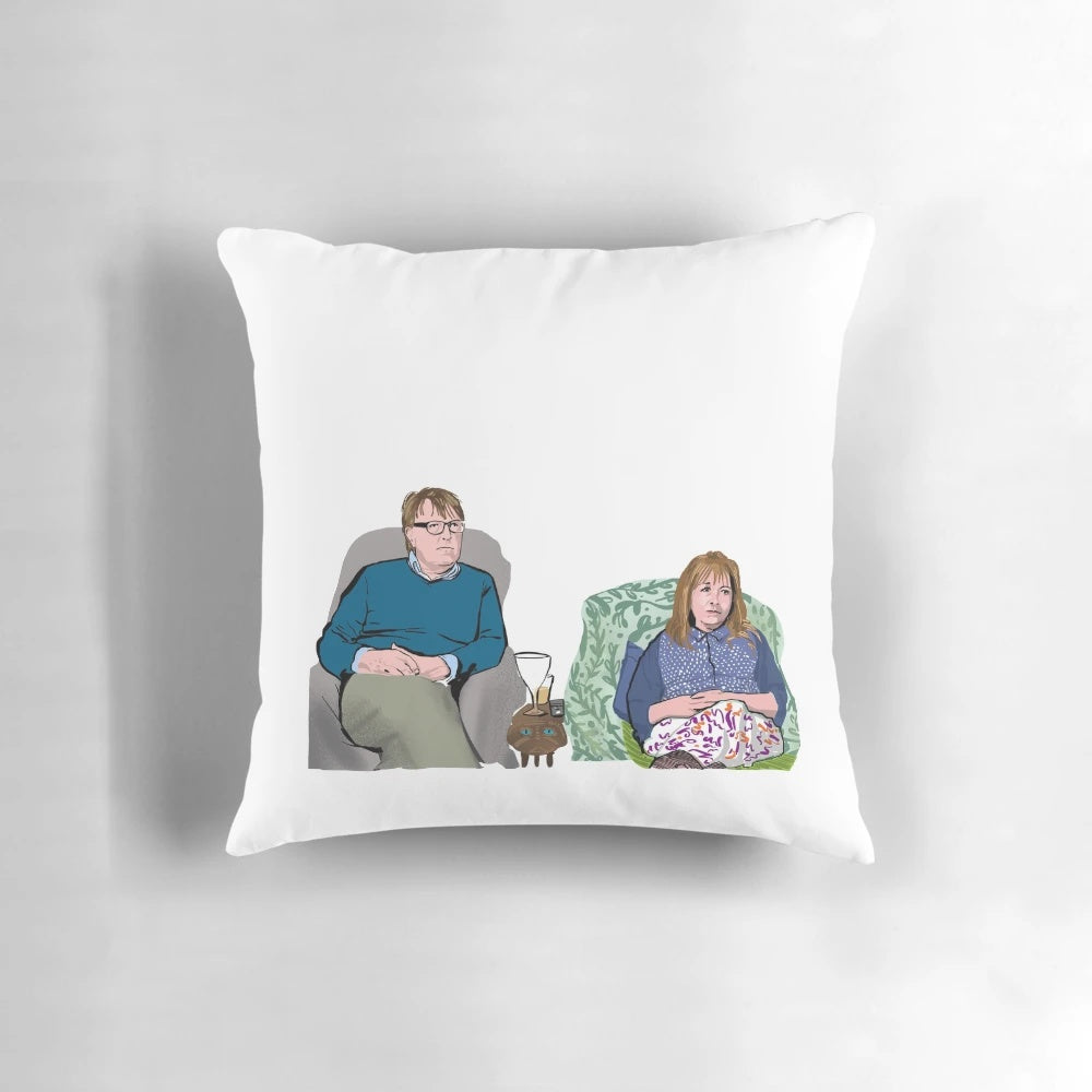 Comfortable Gogglebox-themed pillow with Giles and Mary from the popular television show