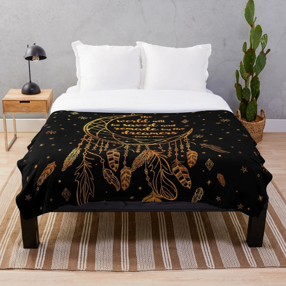 Gold plush blanket with dreamcatcher and celestial design