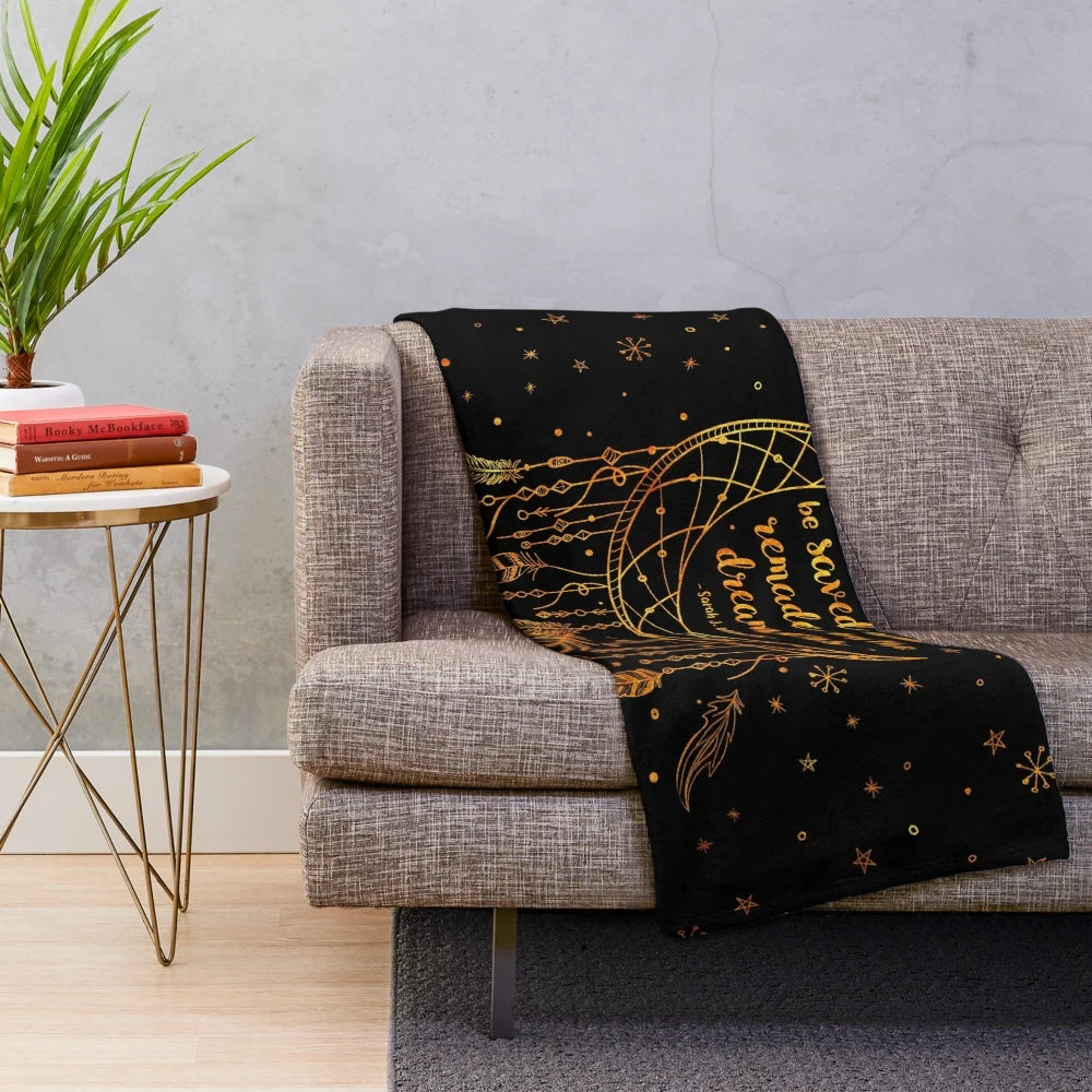 Gold plush blanket with dreamcatcher and celestial design