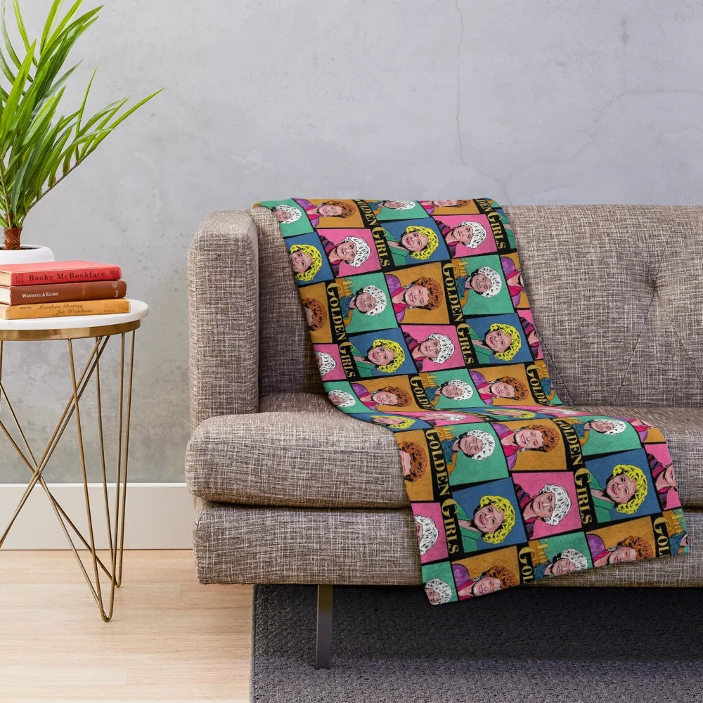 Golden Girls inspired plush blanket featuring the iconic characters Blanche, Dorothy, Rose, and Sophia