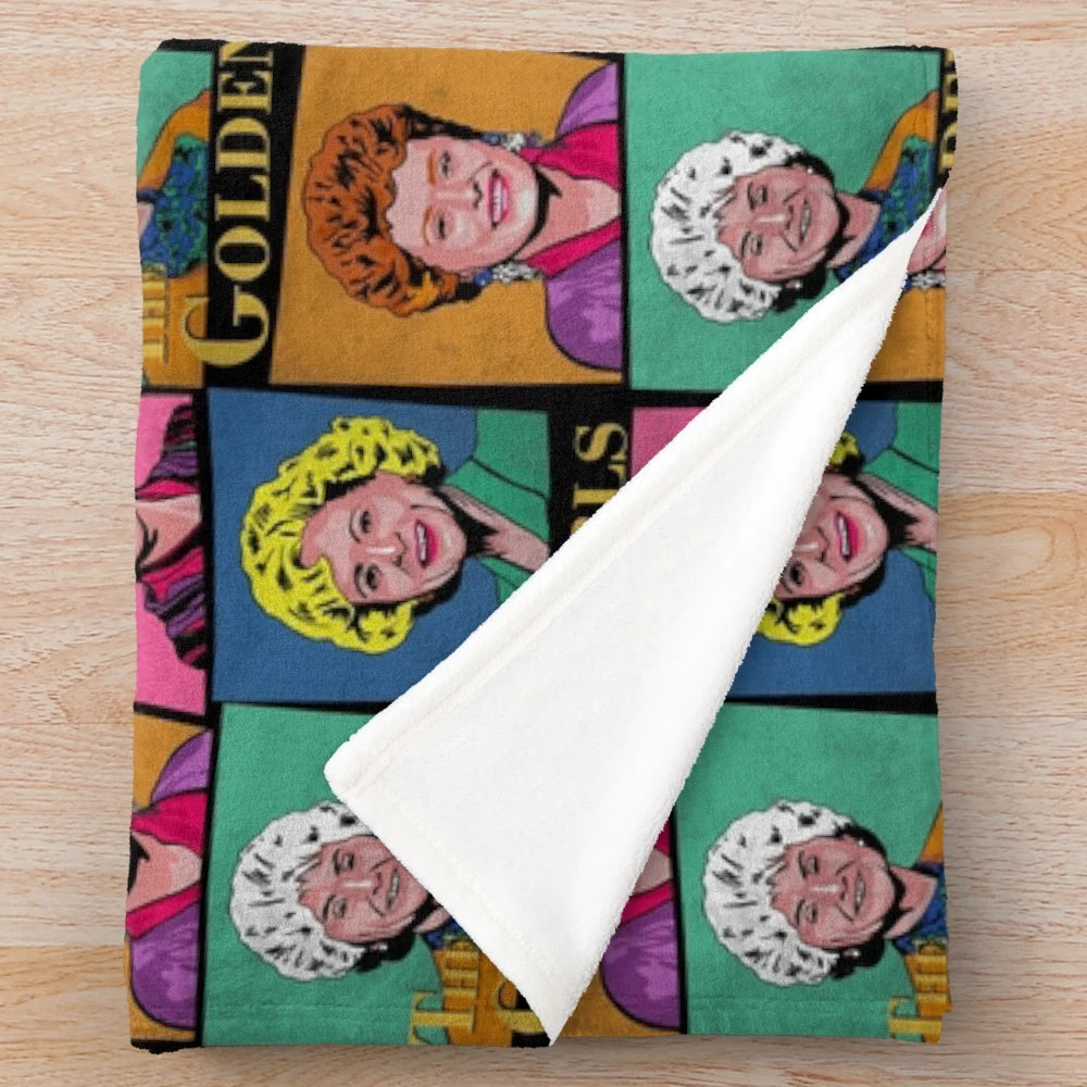 Golden Girls inspired plush blanket featuring the iconic characters Blanche, Dorothy, Rose, and Sophia