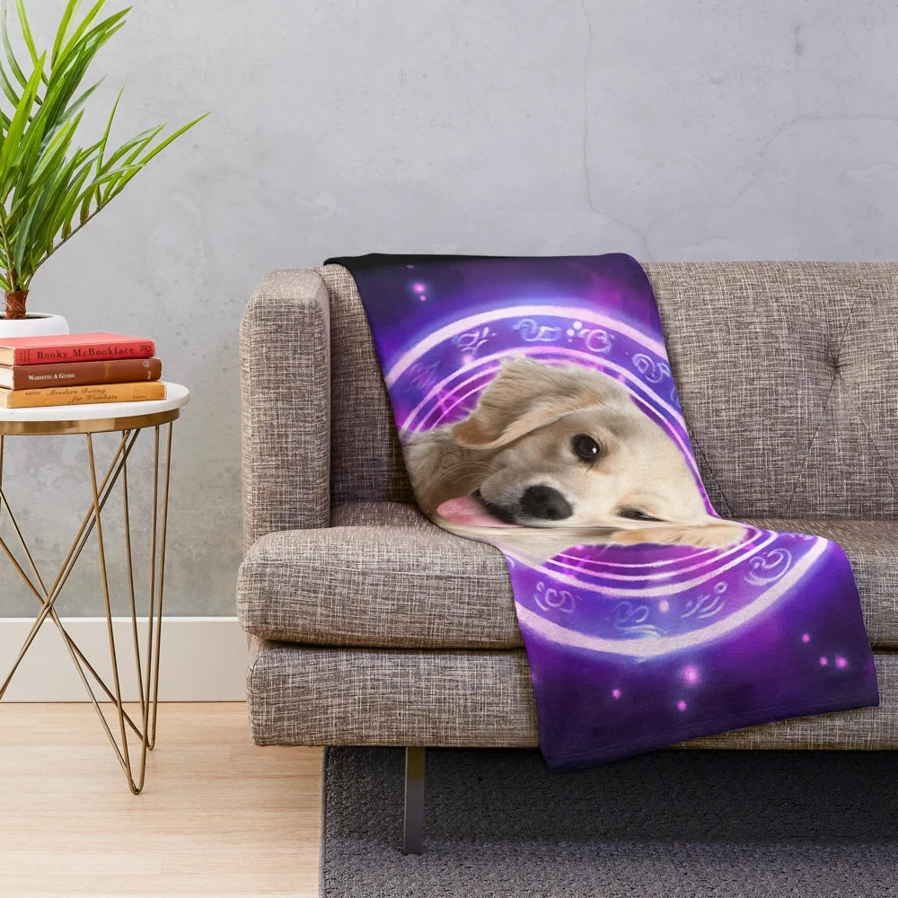 Golden Labrador Retriever curled up on a soft, plush blanket