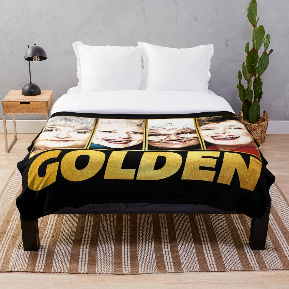 Golden plush blanket with a nostalgic 80s sitcom theme