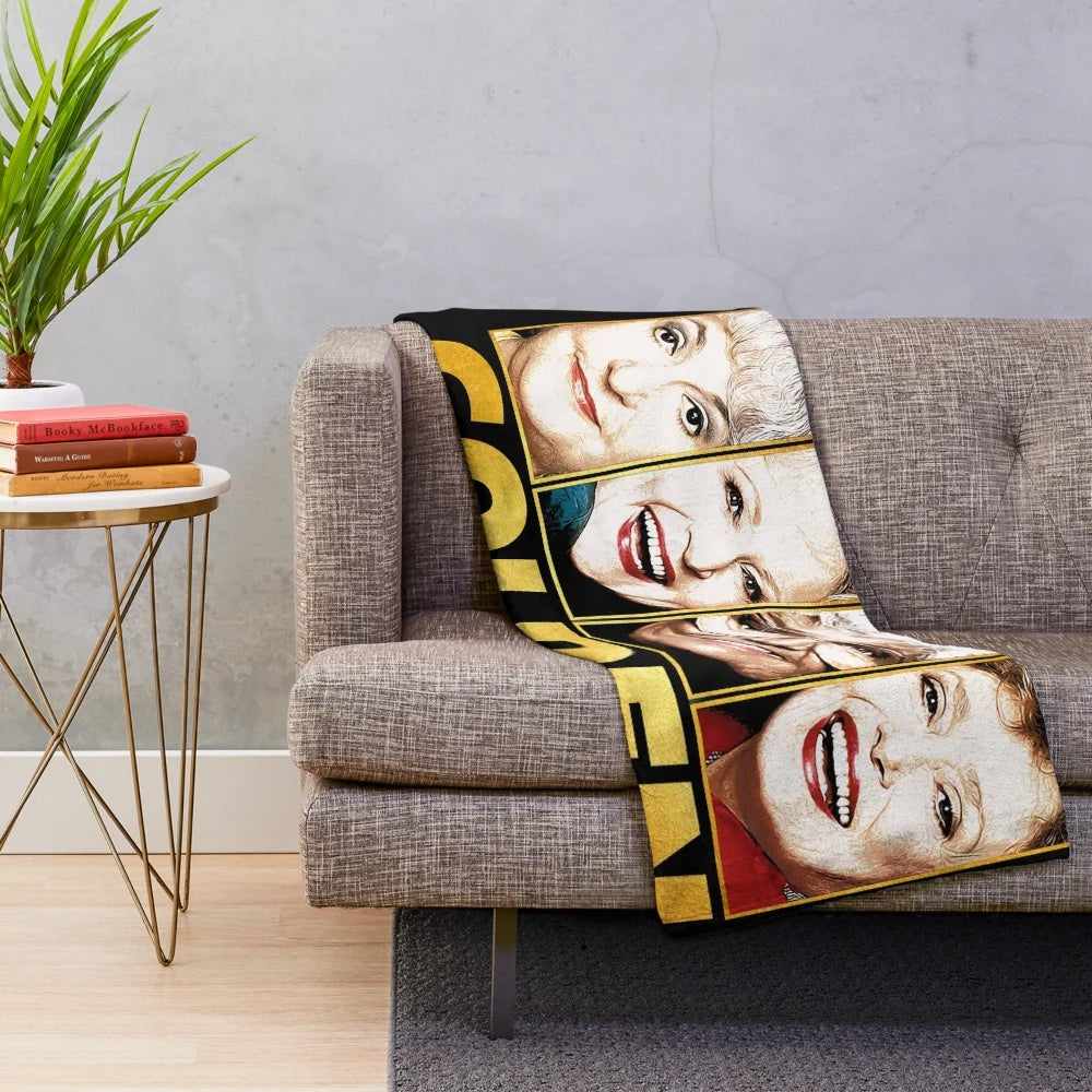 Golden plush blanket with a nostalgic 80s sitcom theme
