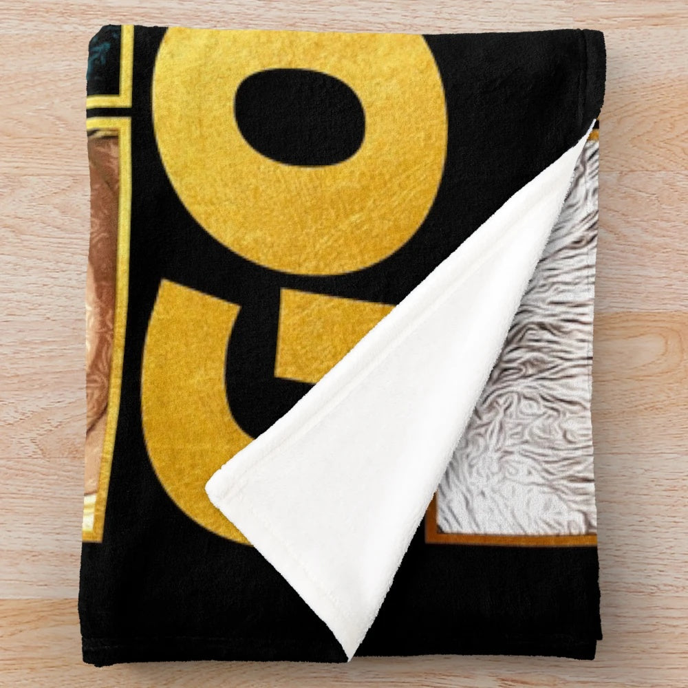 Golden plush blanket with a nostalgic 80s sitcom theme