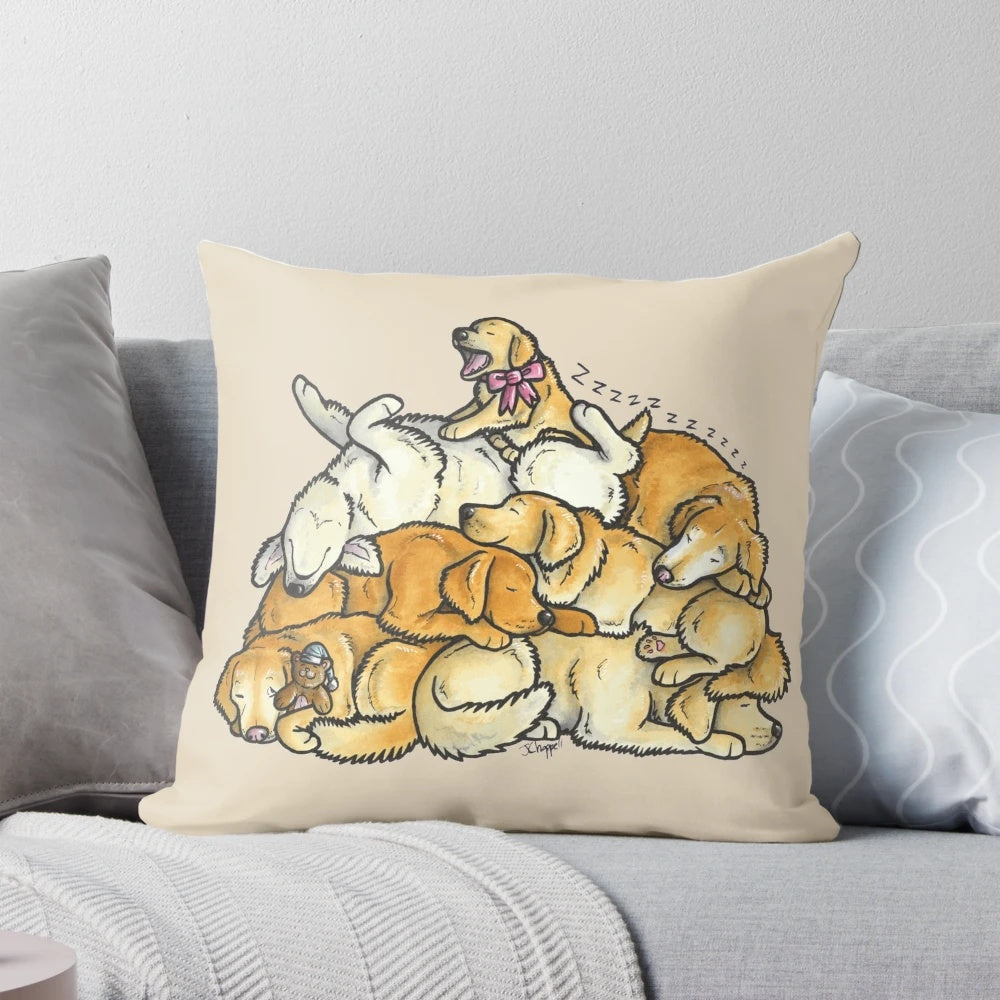 Soft, plush pillow featuring a sleeping pile of adorable golden retriever puppies
