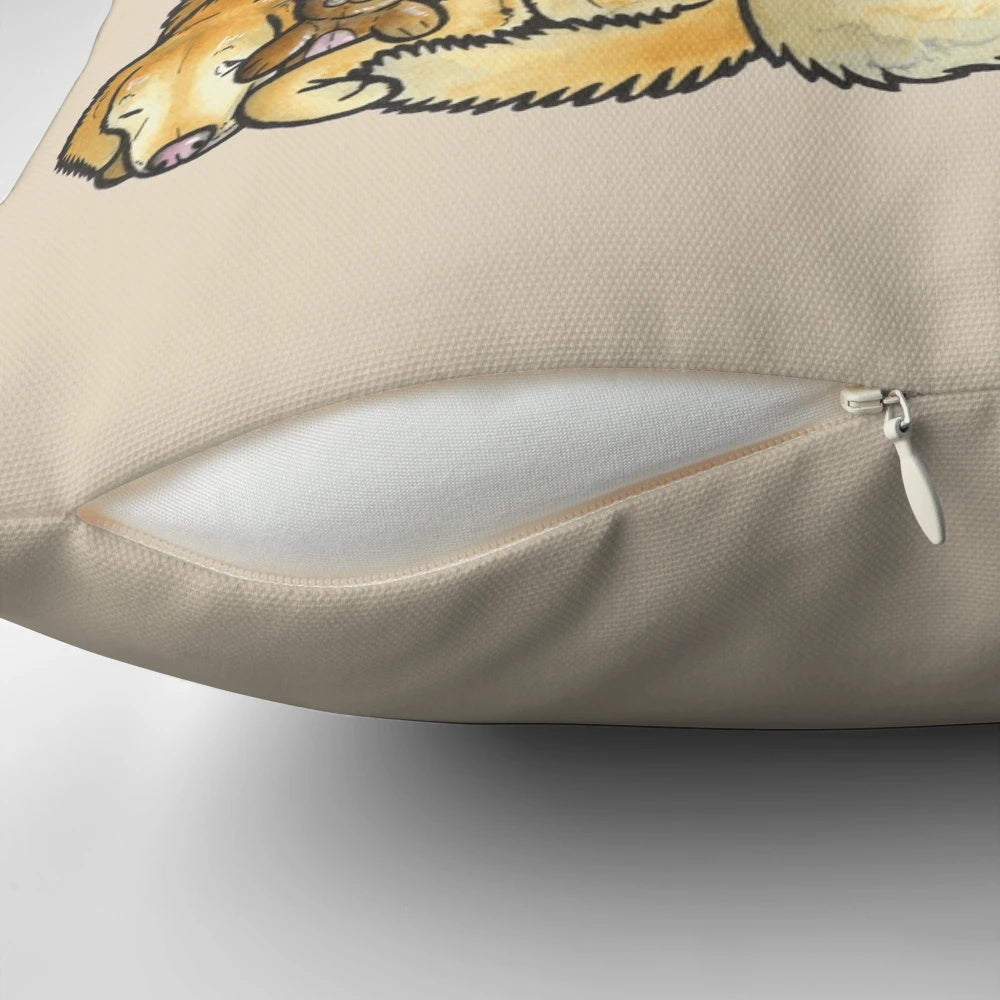 Soft, plush pillow featuring a sleeping pile of adorable golden retriever puppies