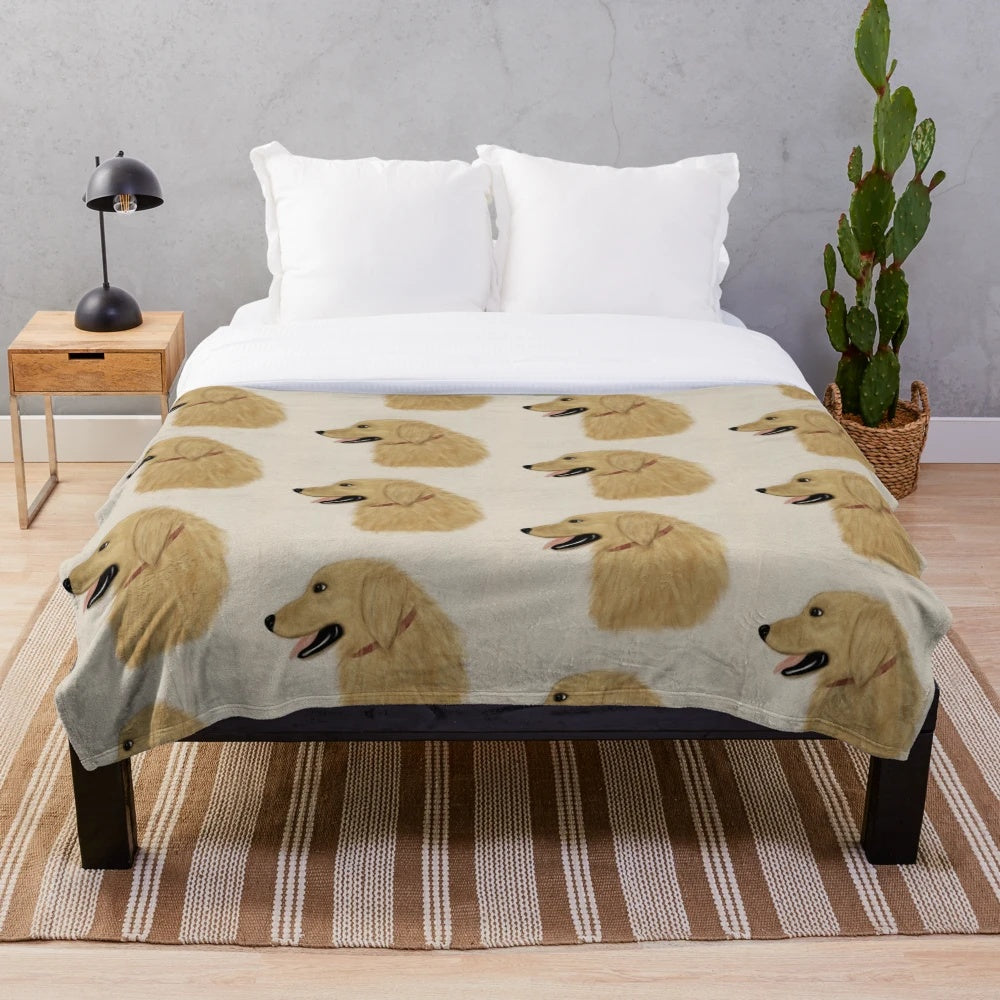 Golden retriever dog in watercolor style on a plush blanket