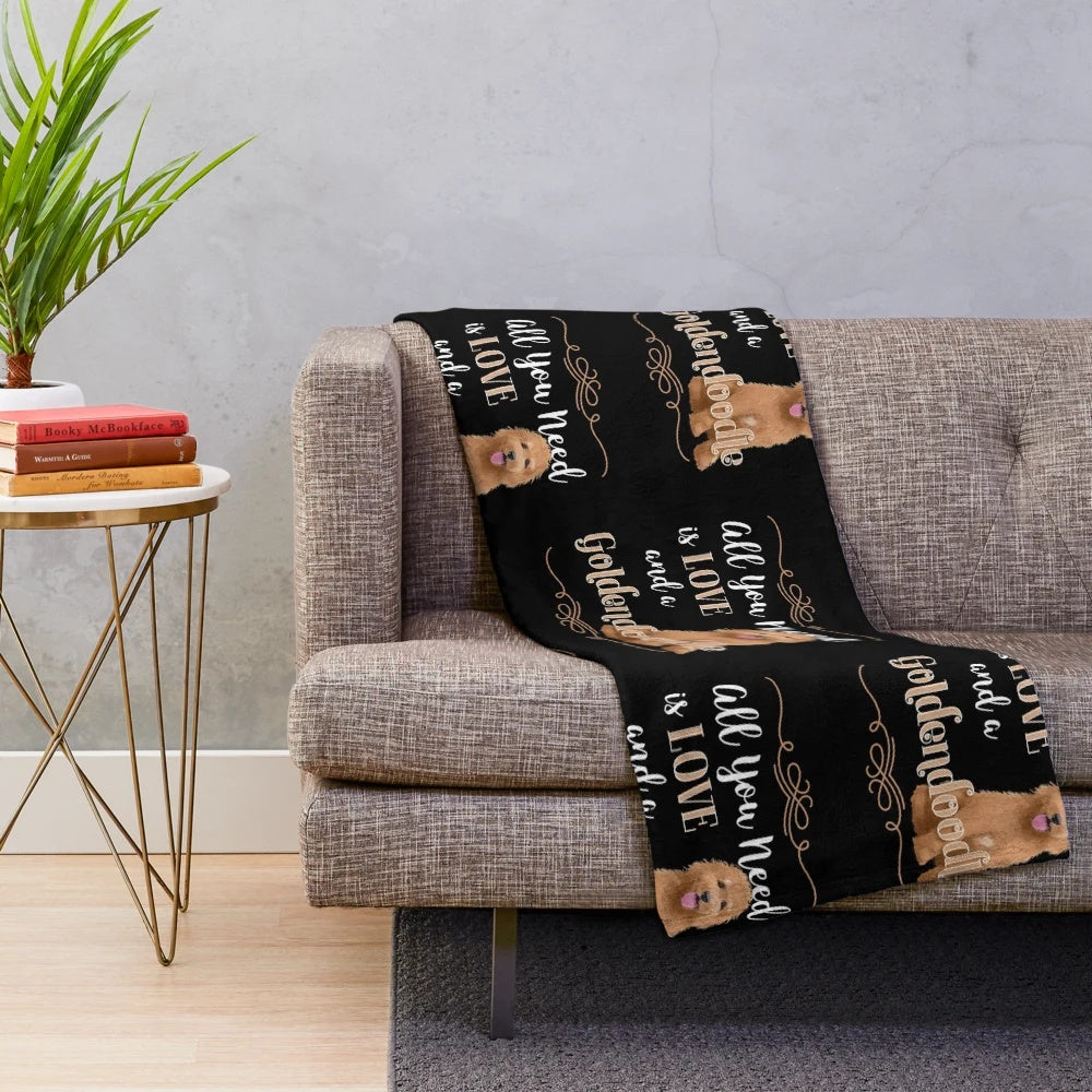 Soft and cuddly goldendoodle plush blanket with adorable dog design