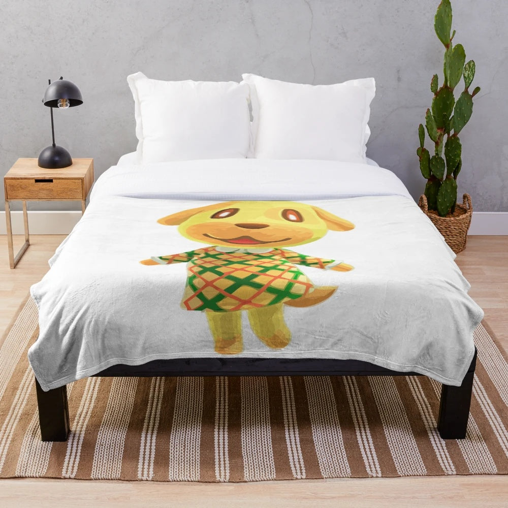 Goldie the dog animal crossing character on a soft plush blanket