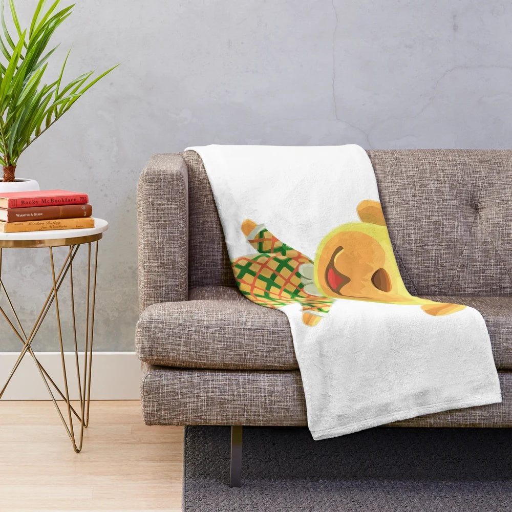 Goldie the dog animal crossing character on a soft plush blanket