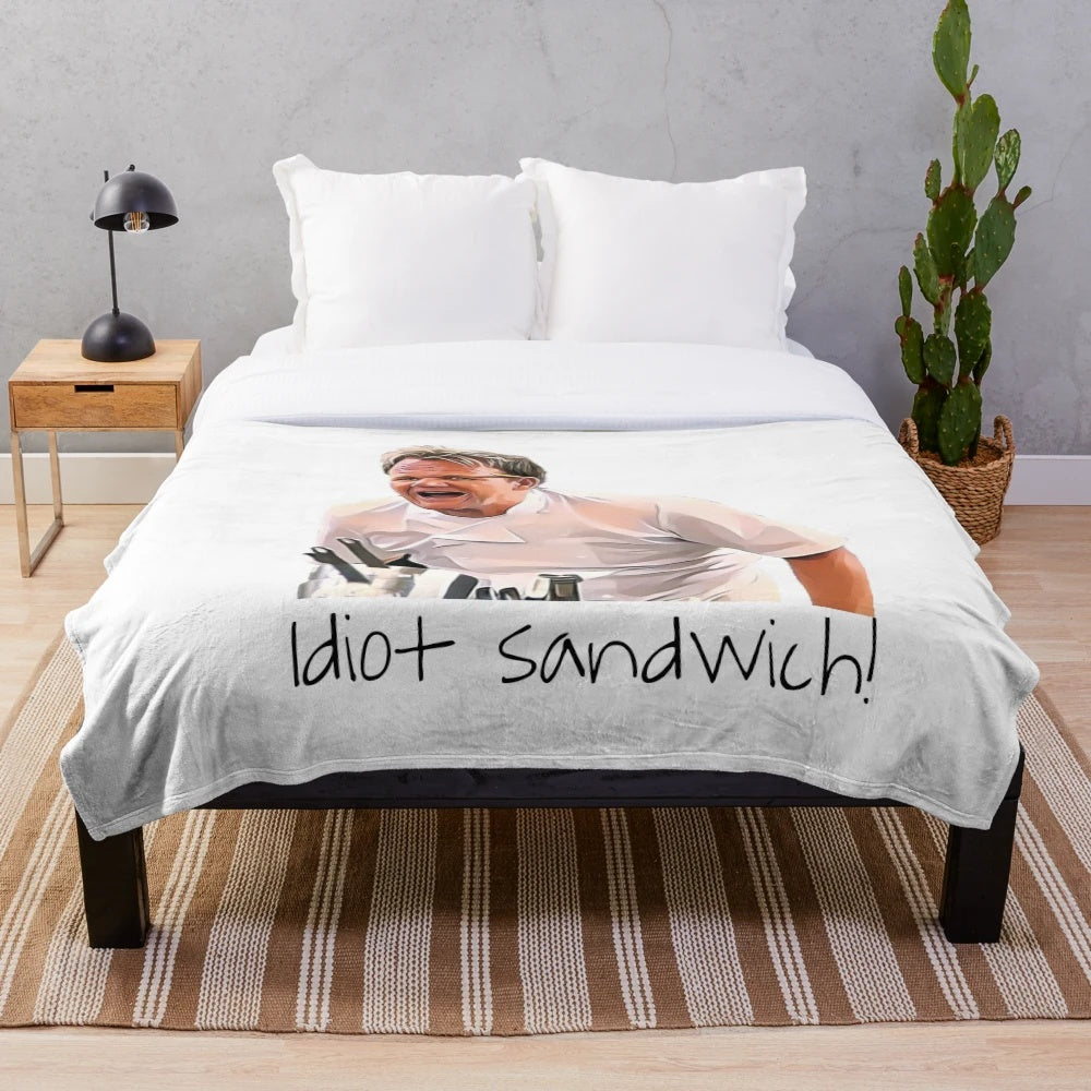 Gordon Ramsay-inspired plush blanket with idiot sandwich design