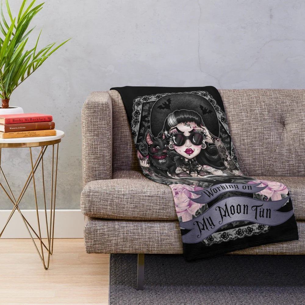 Soft, cozy gothic plush blanket with moon, cat, and bat design