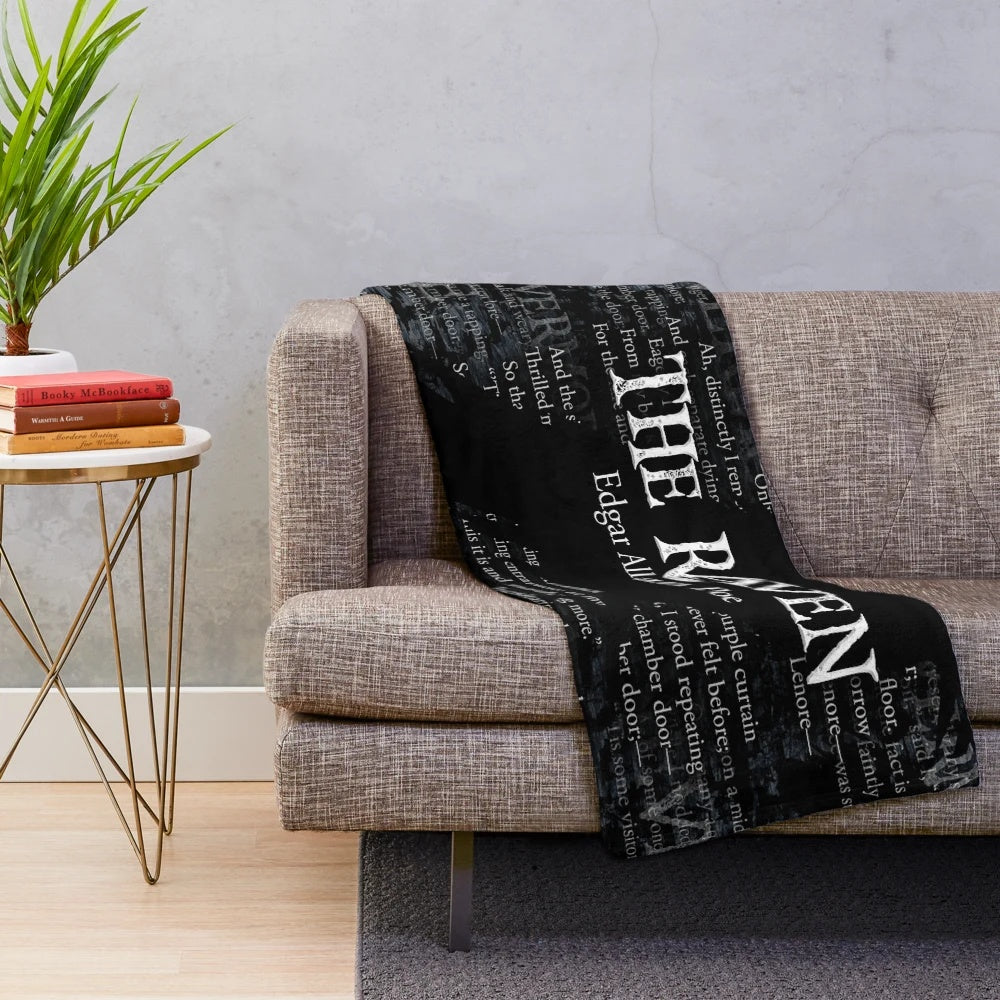 Raven-themed plush blanket with Edgar Allan Poe-inspired design