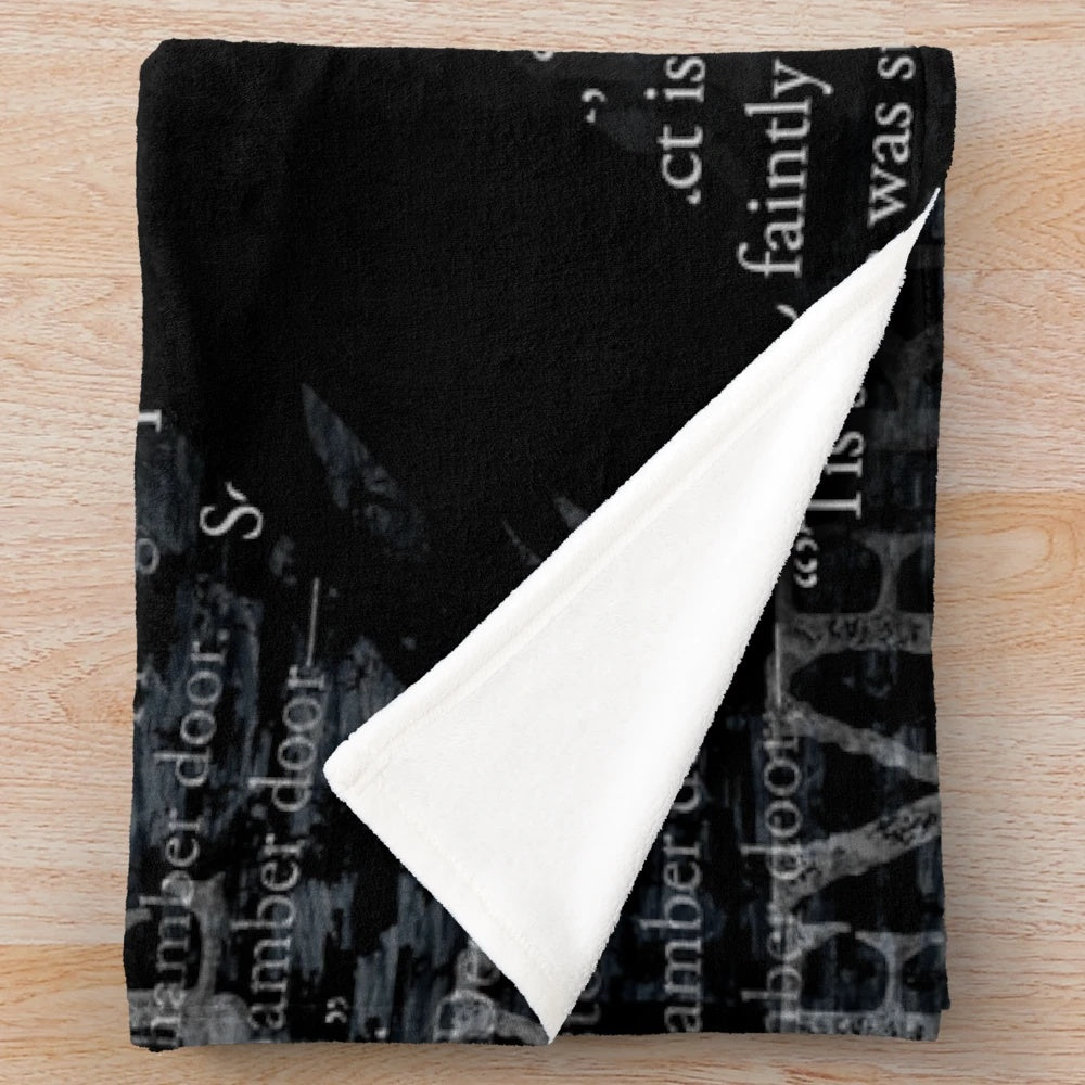 Raven-themed plush blanket with Edgar Allan Poe-inspired design