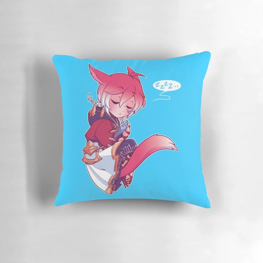 A soft, plush pillow featuring the character Graha Tia from the popular video game Final Fantasy XIV.