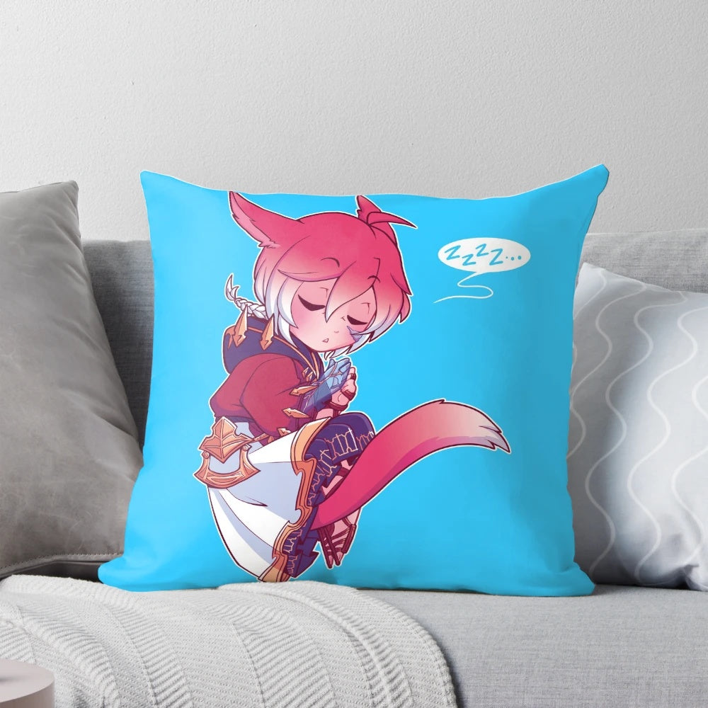 A soft, plush pillow featuring the character Graha Tia from the popular video game Final Fantasy XIV.