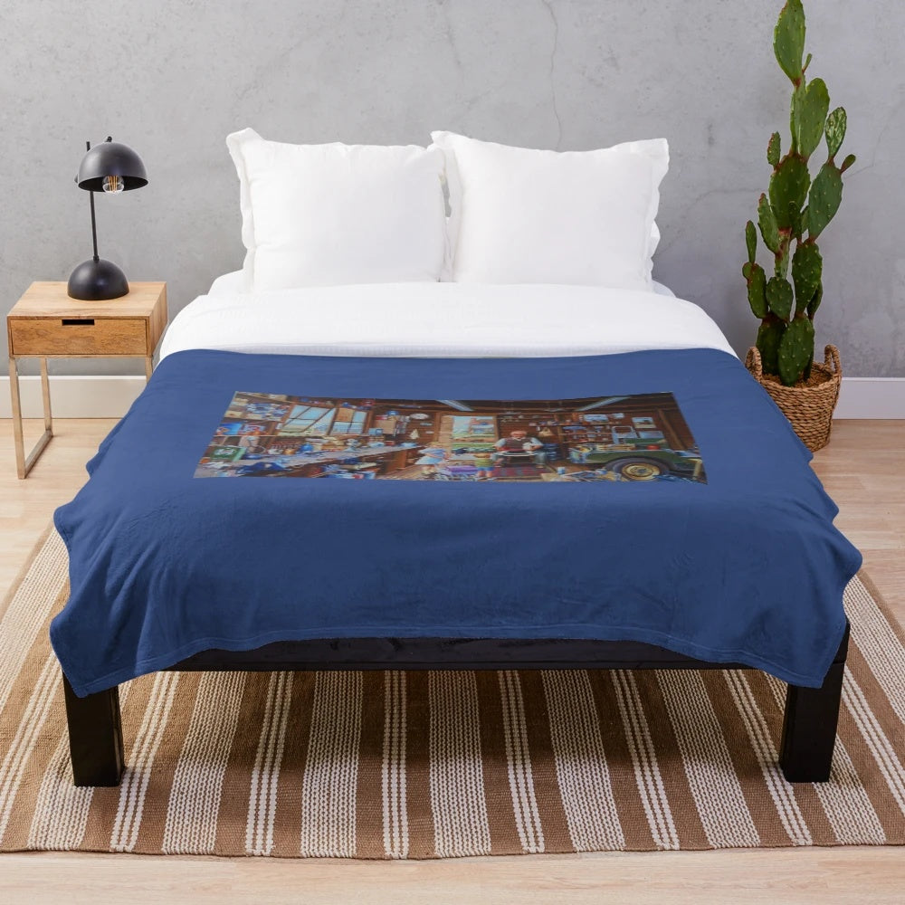 Cozy plush blanket with grandpa's workshop design