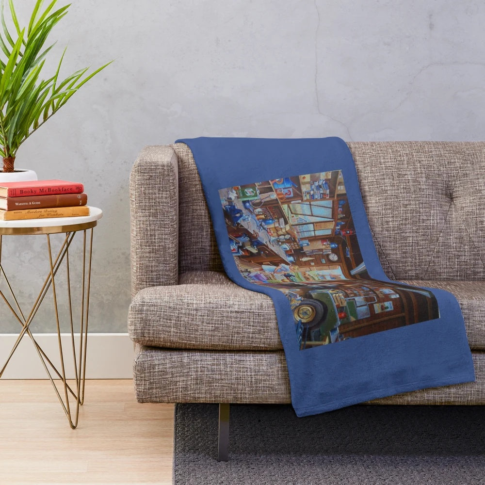 Cozy plush blanket with grandpa's workshop design