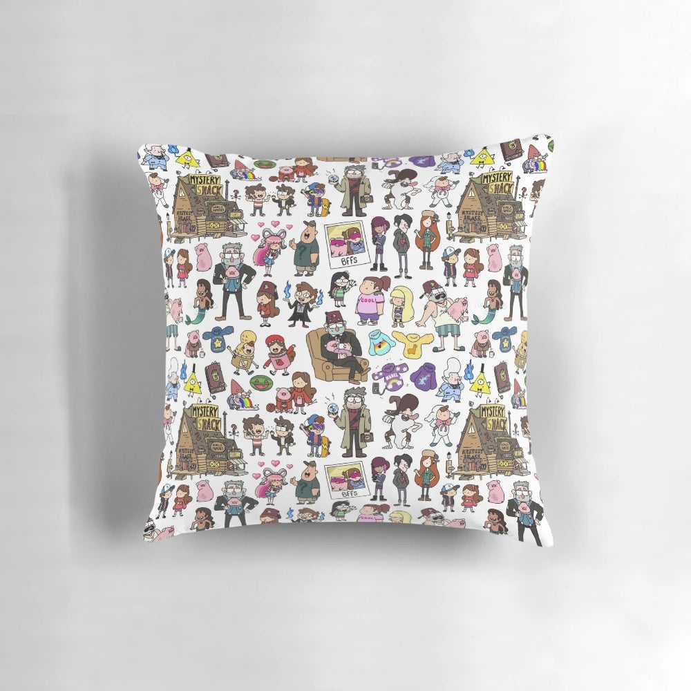 Cute, hand-drawn doodle of the Gravity Falls characters Mabel, Dipper, Grunkle Stan, and Bill Cipher printed on a soft, plush pillow.