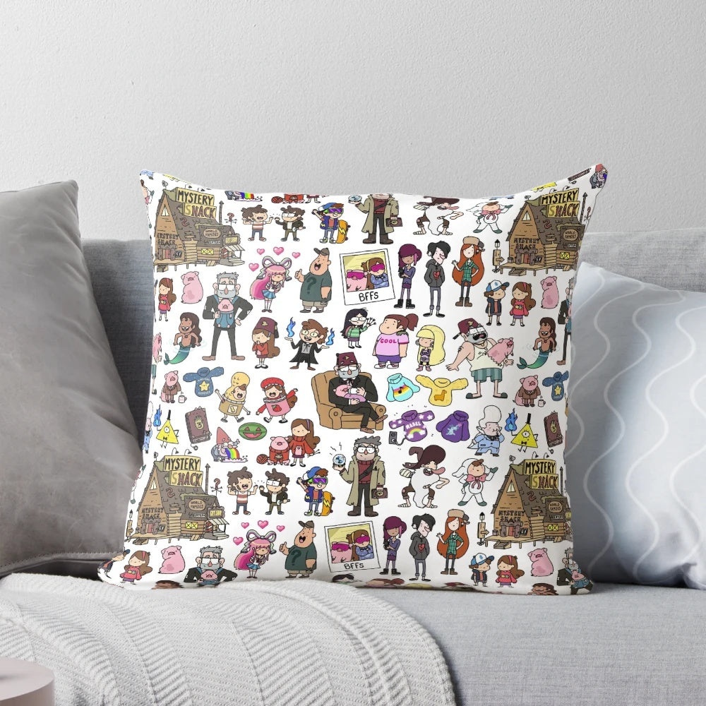 Cute, hand-drawn doodle of the Gravity Falls characters Mabel, Dipper, Grunkle Stan, and Bill Cipher printed on a soft, plush pillow.