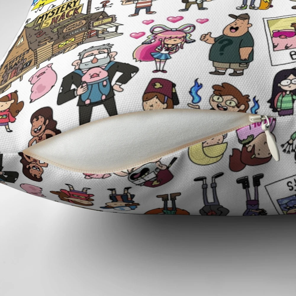 Cute, hand-drawn doodle of the Gravity Falls characters Mabel, Dipper, Grunkle Stan, and Bill Cipher printed on a soft, plush pillow.