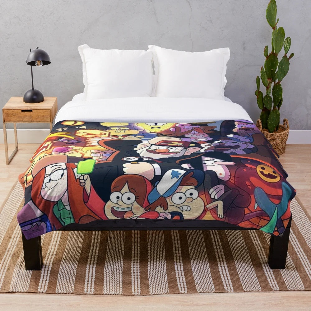 Gravity Falls inspired plush blanket with characters Mabel and Dipper