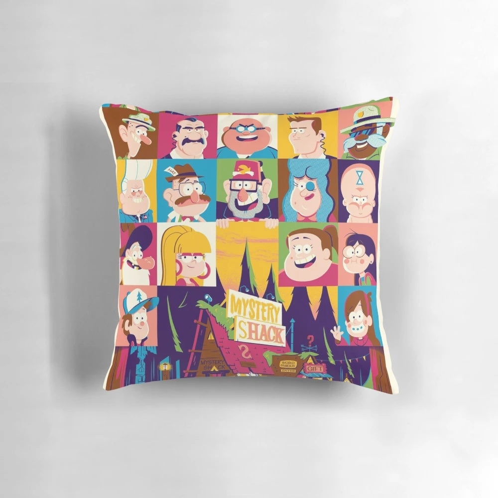 Gravity Falls themed pillow featuring characters Mabel, Dipper, Waddles, Bill Cipher, and Gnomes
