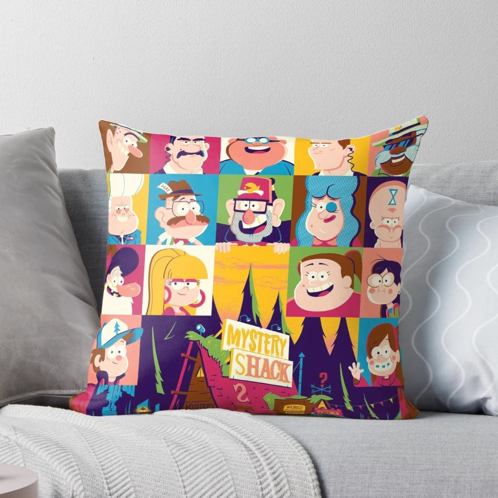 Gravity Falls themed pillow featuring characters Mabel, Dipper, Waddles, Bill Cipher, and Gnomes