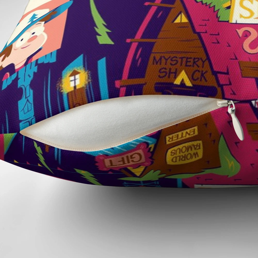 Gravity Falls themed pillow featuring characters Mabel, Dipper, Waddles, Bill Cipher, and Gnomes