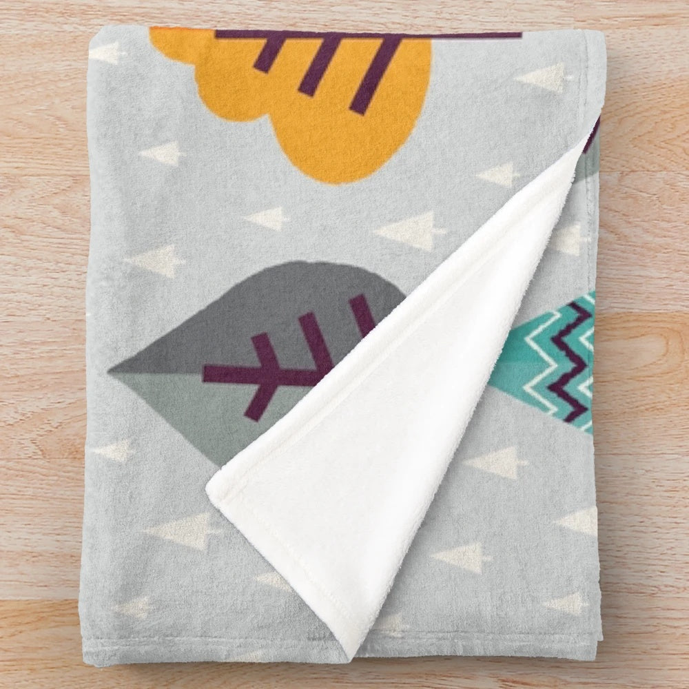 Gray plush blanket with a cute cartoon fox in the forest design