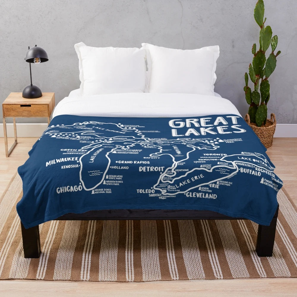 Great Lakes map plush blanket featuring the five Great Lakes of the Midwest region