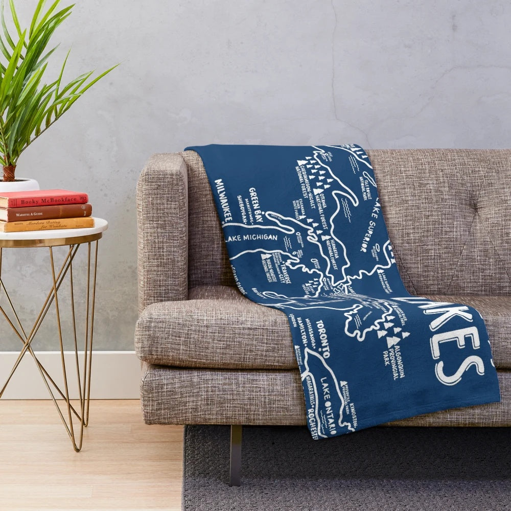Great Lakes map plush blanket featuring the five Great Lakes of the Midwest region
