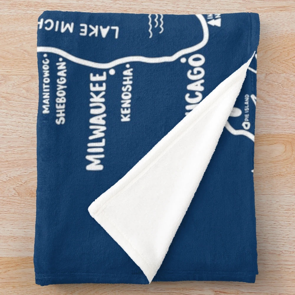 Great Lakes map plush blanket featuring the five Great Lakes of the Midwest region