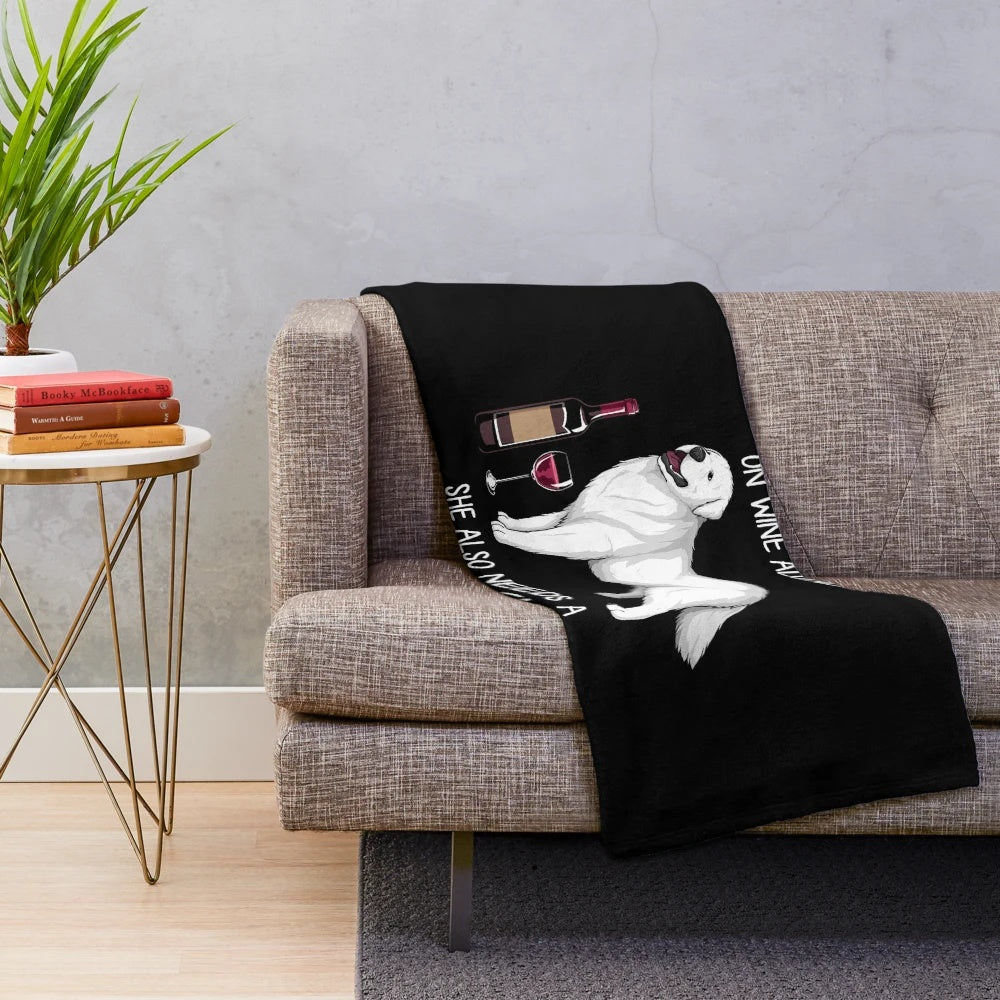 Great Pyrenees dog and wine-themed plush blanket