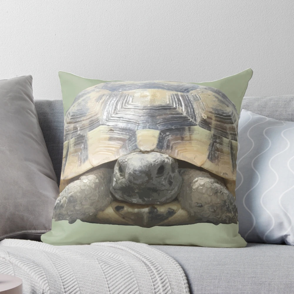 A plush pillow featuring a cut-out of a Greek tortoise (Testudo) tucked cozily into its shell