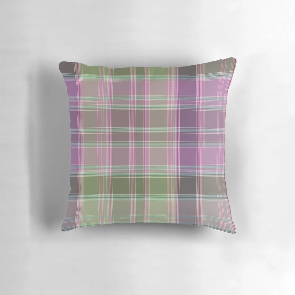 Green and lilac tartan plaid pillow with a classic, checkered pattern
