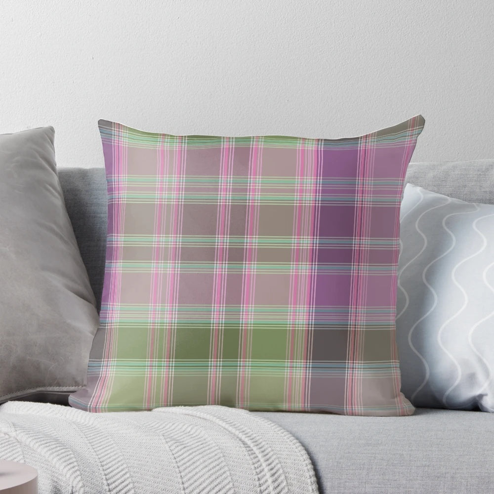 Green and lilac tartan plaid pillow with a classic, checkered pattern
