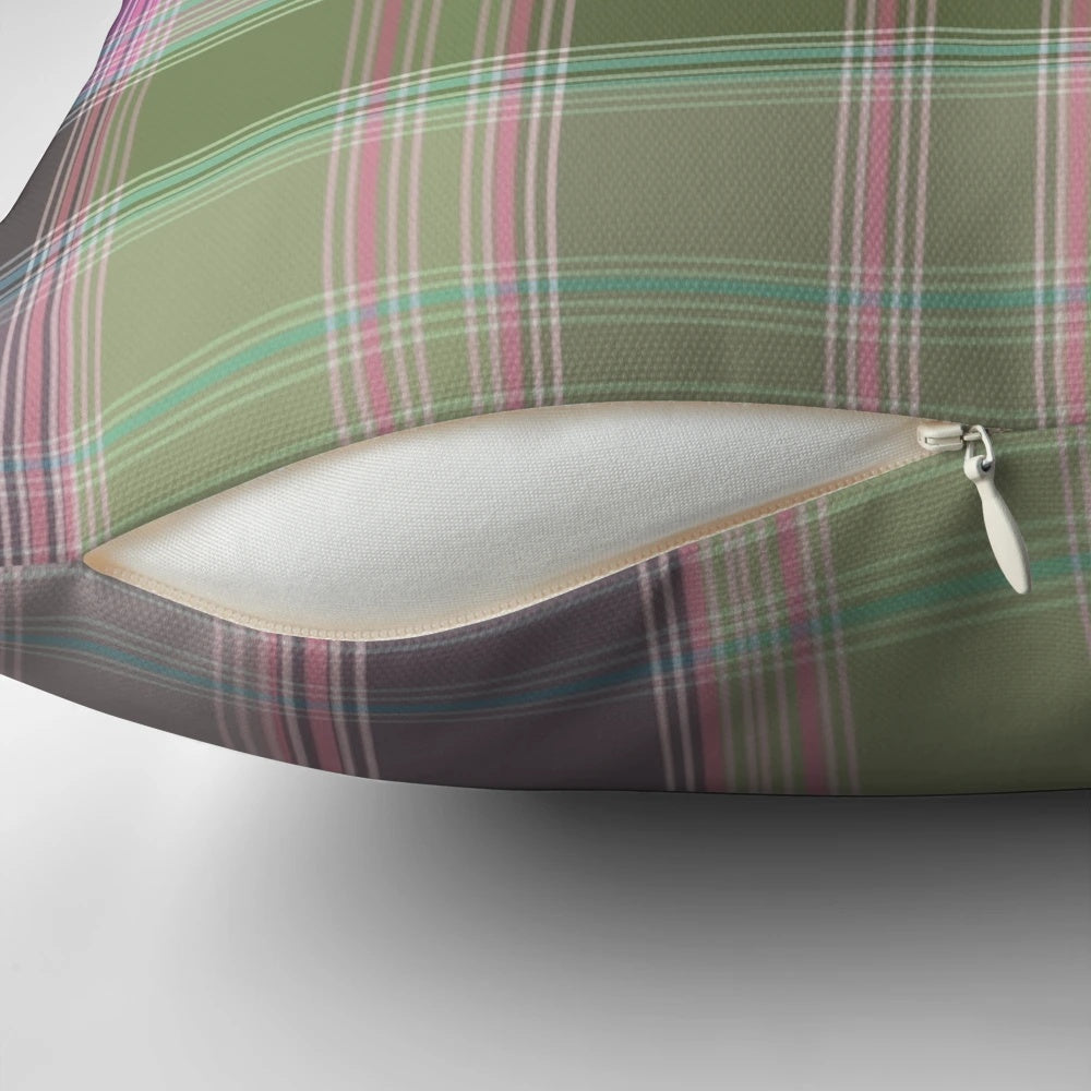 Green and lilac tartan plaid pillow with a classic, checkered pattern