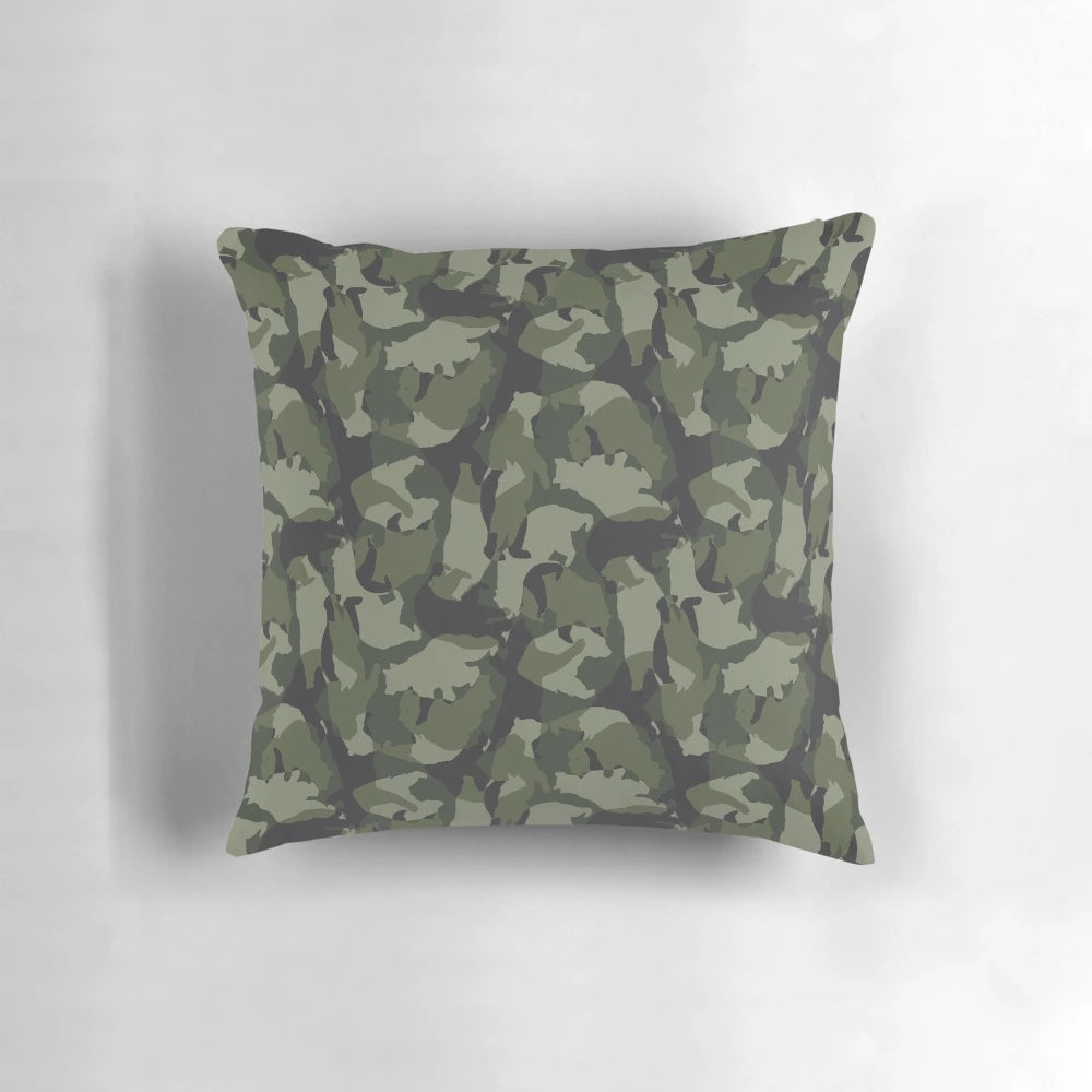 Soft, plush green camo pillow featuring a stylized bear design for a modern, gay-friendly home accent.