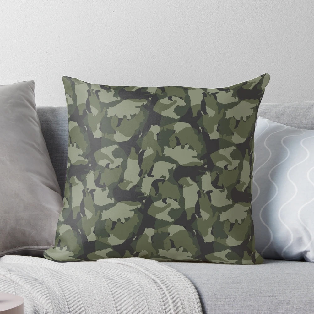 Soft, plush green camo pillow featuring a stylized bear design for a modern, gay-friendly home accent.