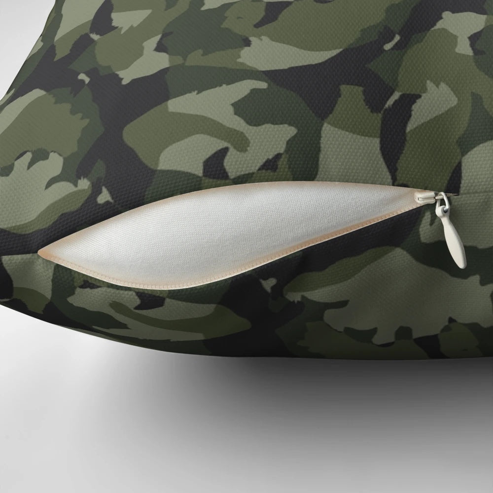 Soft, plush green camo pillow featuring a stylized bear design for a modern, gay-friendly home accent.