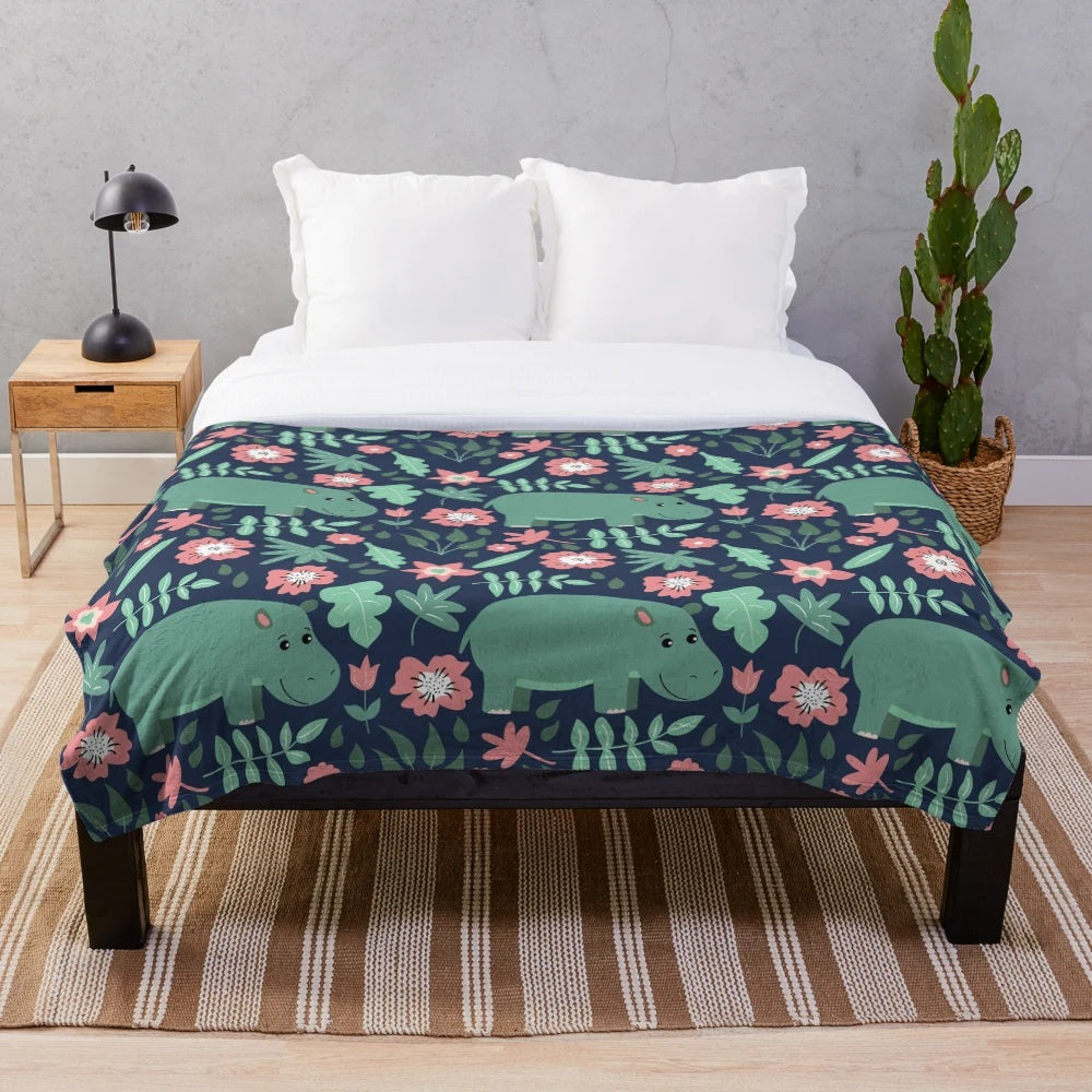 Green hippo floral pattern plush blanket