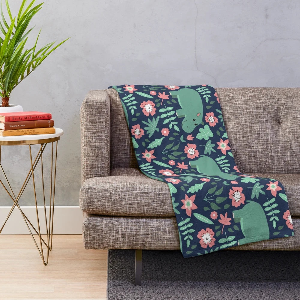 Green hippo floral pattern plush blanket