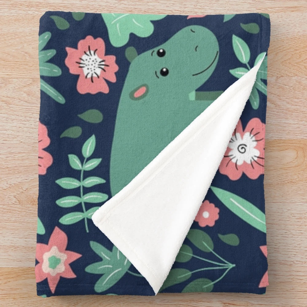 Green hippo floral pattern plush blanket