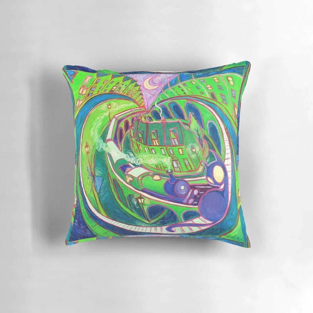 Soft and plush green steam train pillow with intricate details