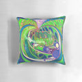 Soft and plush green steam train pillow with intricate details